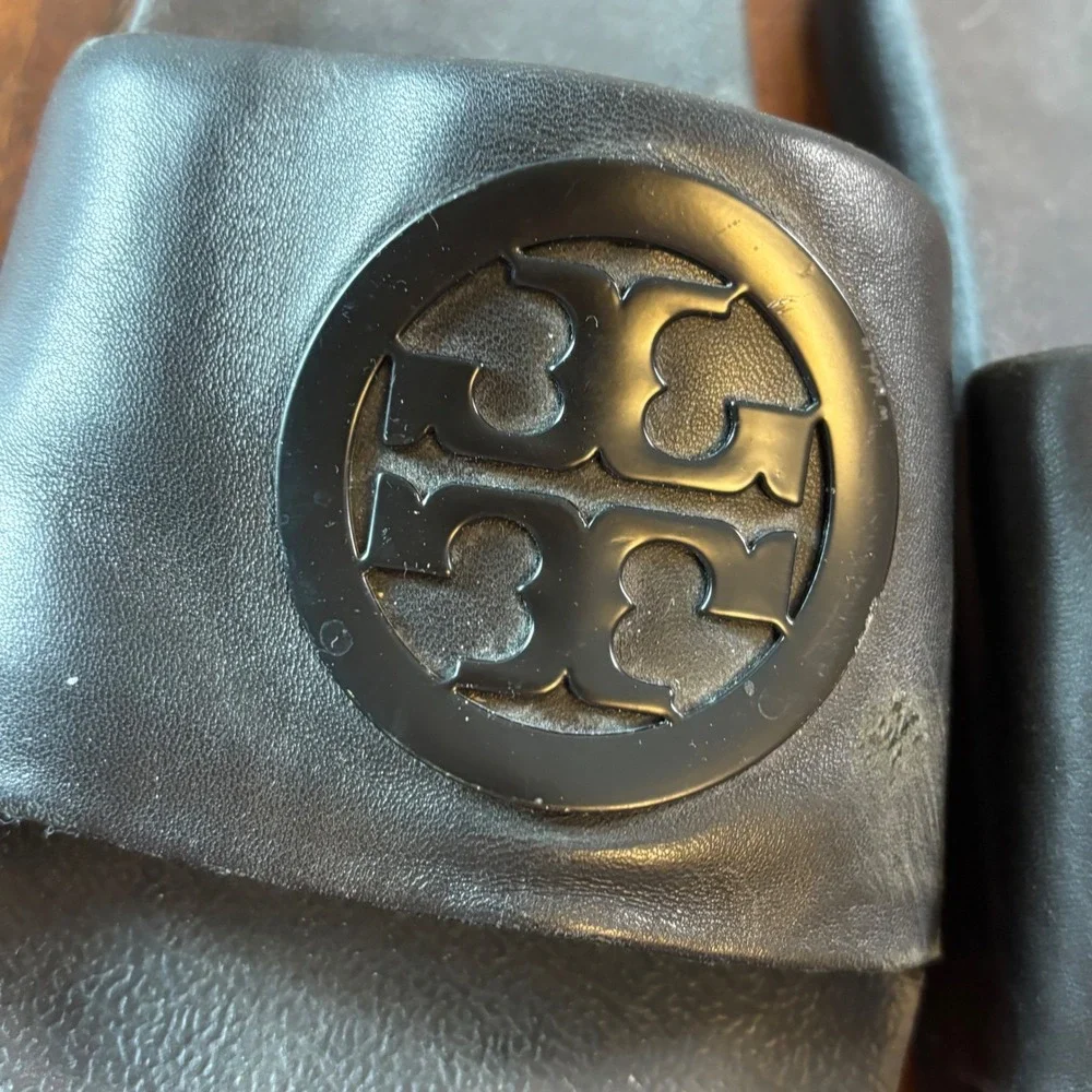 Tory Burch Miller Cloud Black Leather Logo Slide Sandals Womens Size 9